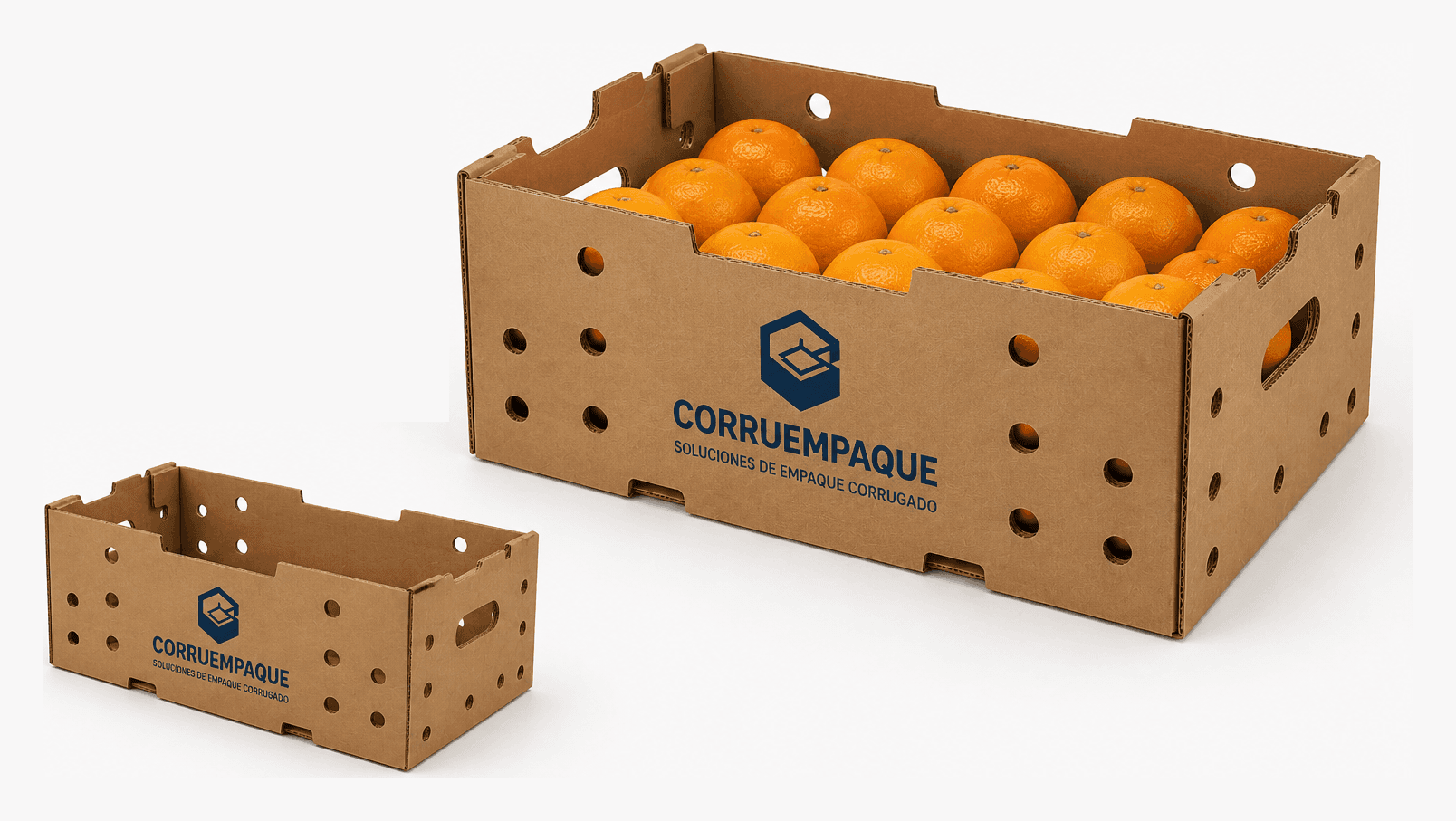 Caja agrícola de cartón corrugado tipo gaveta con perforaciones de ventilación y el logo de Corruempaque, una cargada de naranjas y otra vacía