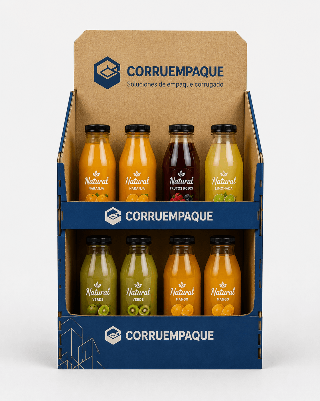 Exhibidor de mostrador en cartón corrugado kraft con la gráfica de Corruempaque impresa en azul, cargado con ocho botellas de jugo en dos niveles